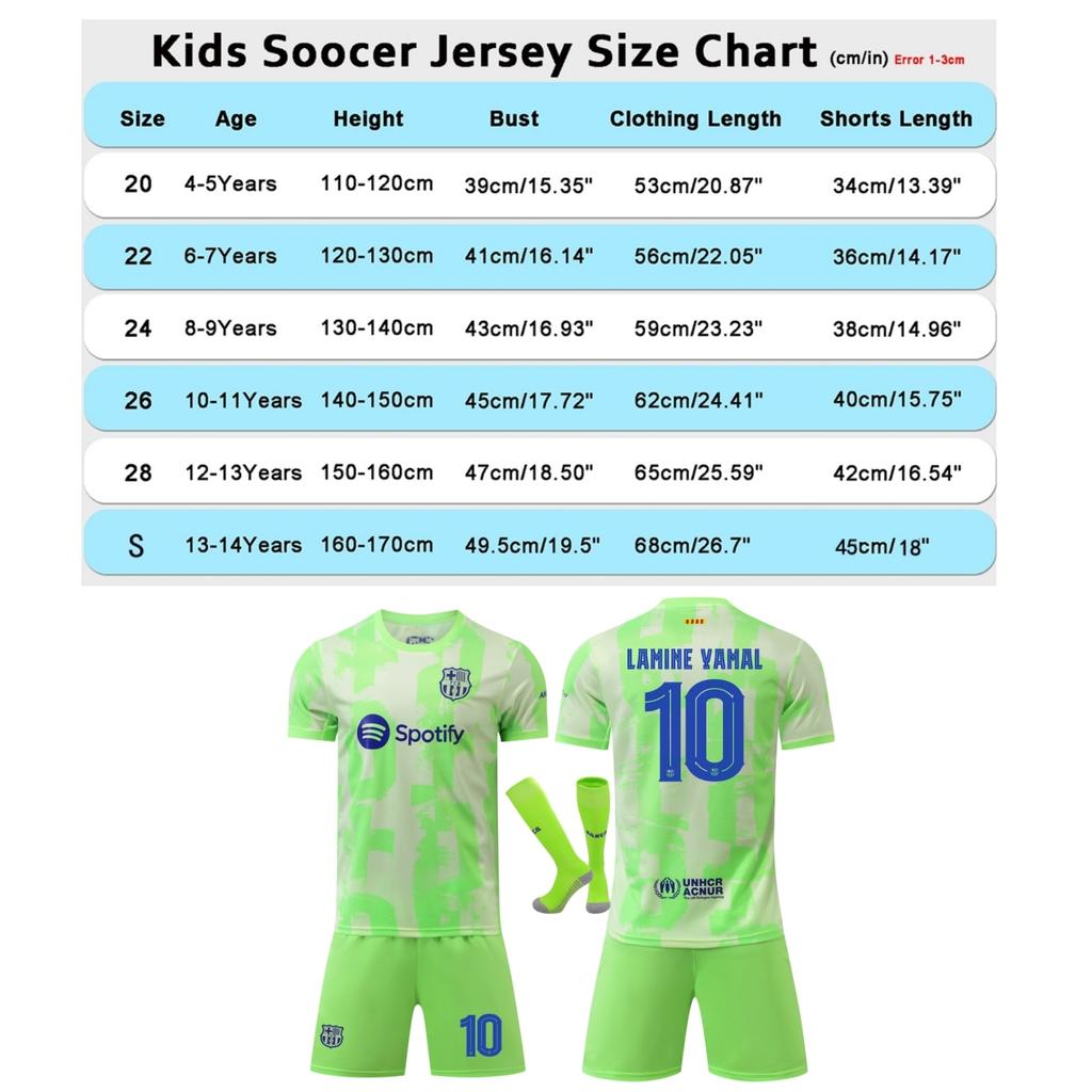 YSHT Barcelona Yamal Kids Soccer Set Jersey and Shorts Green 120-130cm Sportswear