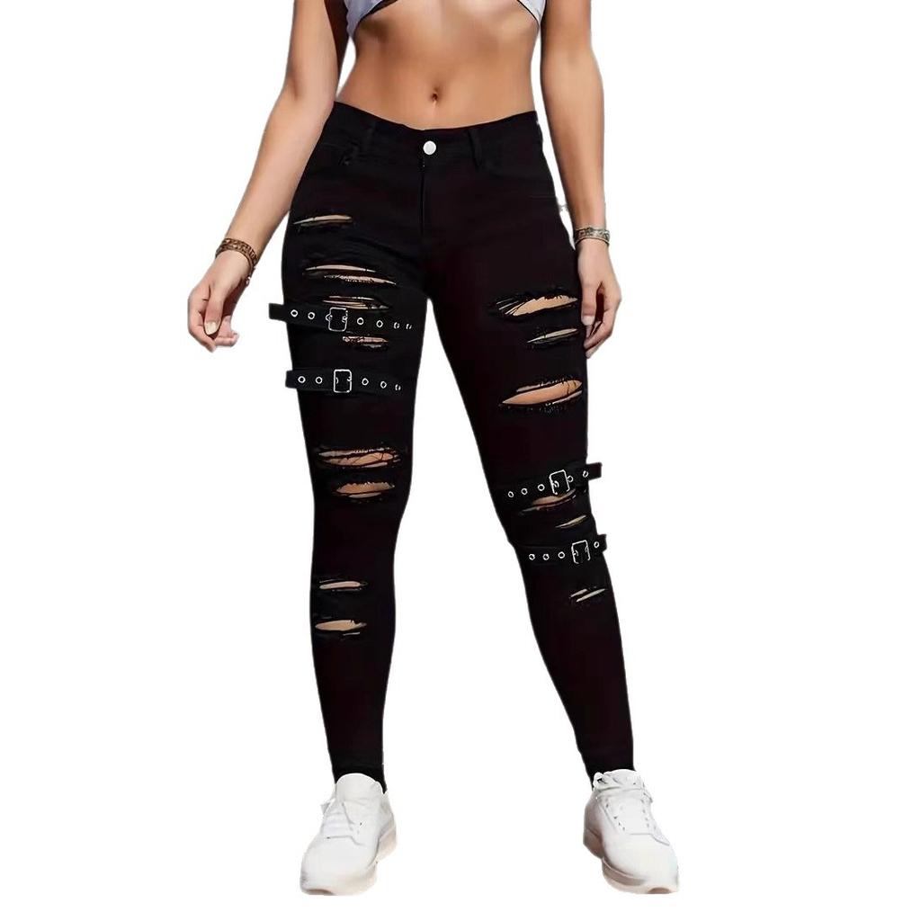 2026 New Women's Ripped Skinny Jeans, Belted Distressed Stretch Pencil Pants with Edgy Design for Casual Street Style