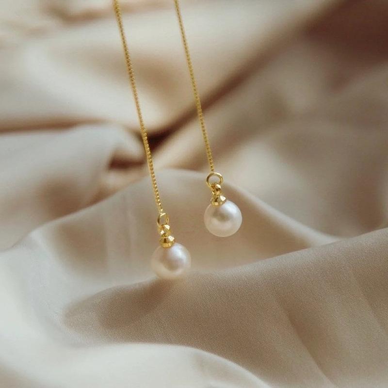 Gold Plated Pearl Threader Earrings, Delicate Long Chain Drop Earrings for Women