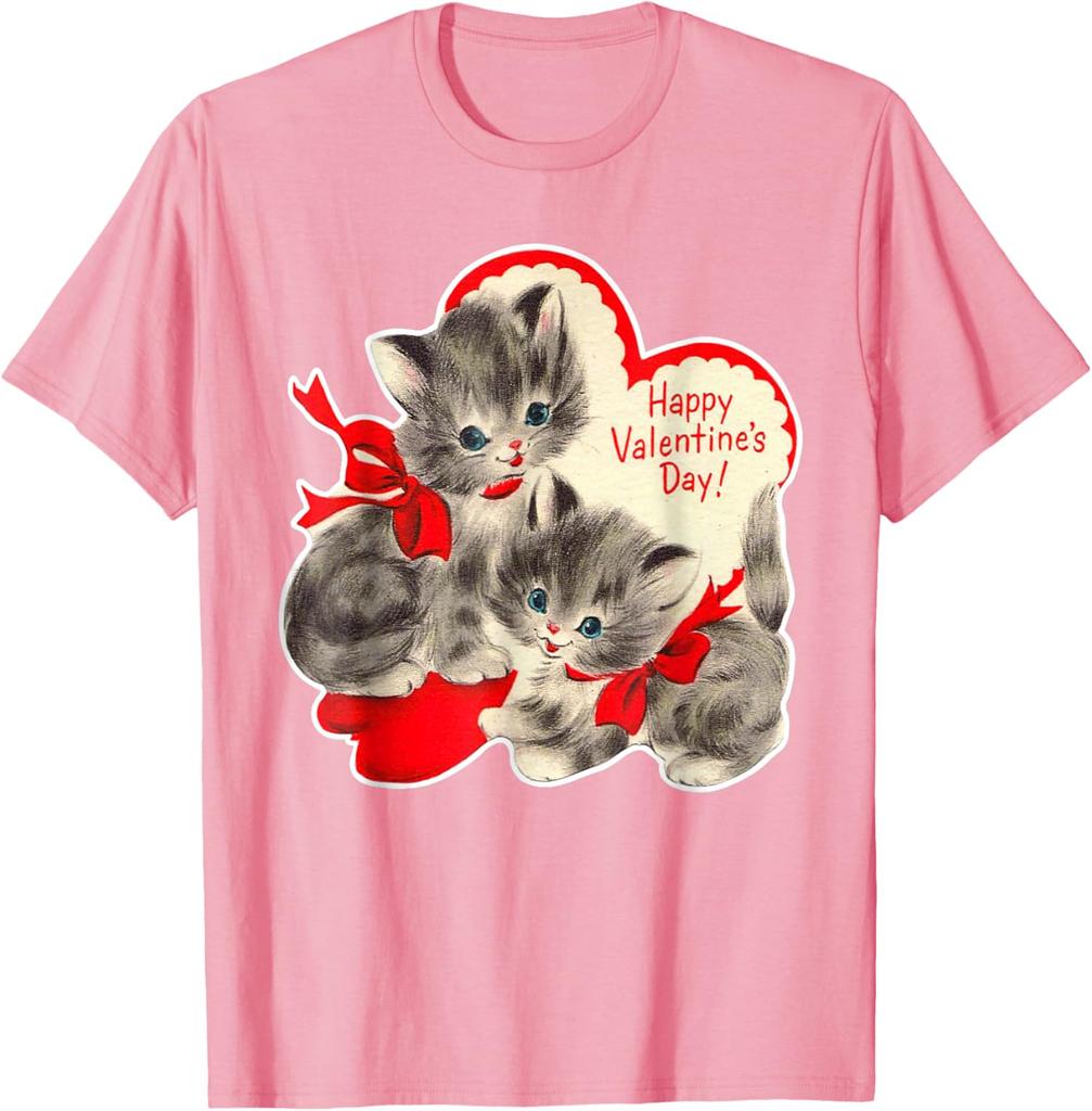 Vintage Kitten Valentine Graphic T-Shirt Retro Holiday Print Soft Cotton Casual Daily Tee