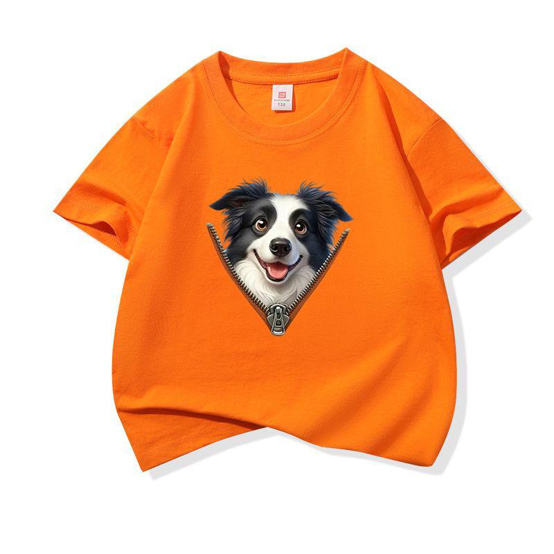 Kids Cotton T Shirt Adorable Collie Dog Zipper Print Crew Neck Short Sleeve Tee Casual Breathable Boys Girls Summer Tops