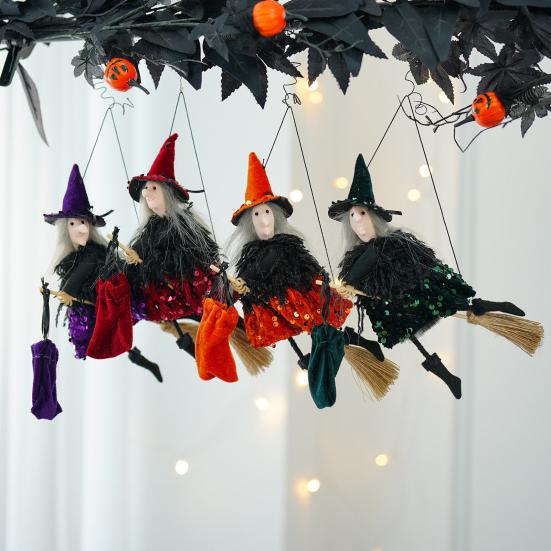 Halloween Hanging Witch Decor Hangable Witch Doll Ornament Small Flying Witch Figurine On A Broom for Garden Yard Haunted House Halloween Decor
