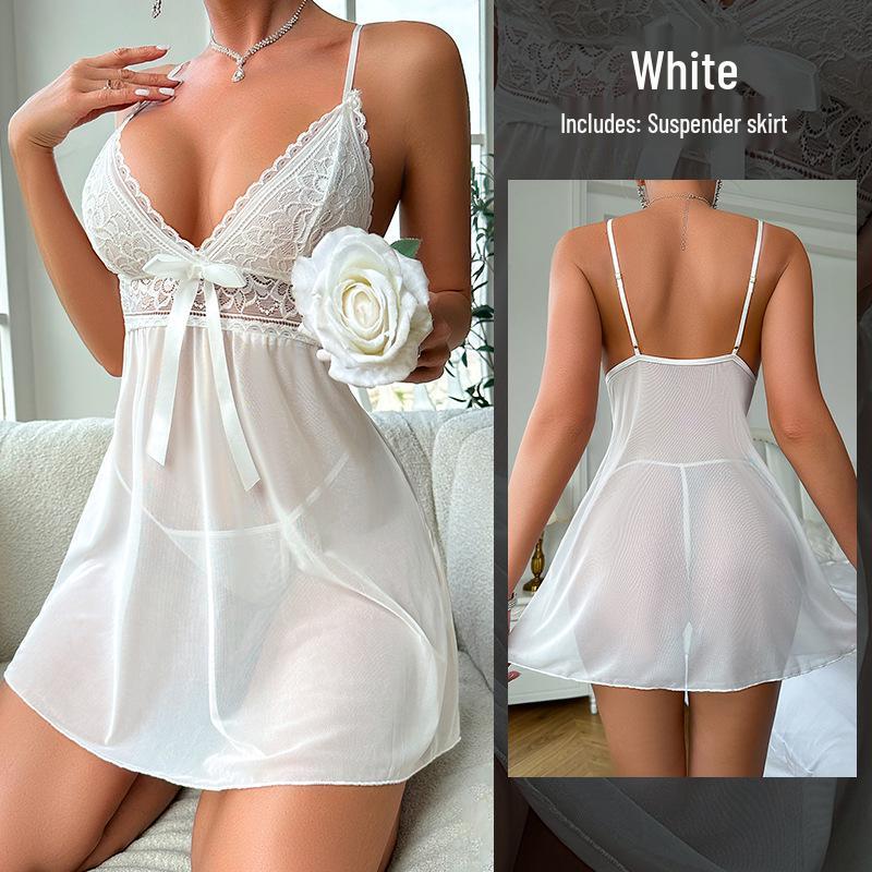 Lace Spaghetti Strap Mesh Nightgown - Sexy See-through Lingerie for Women