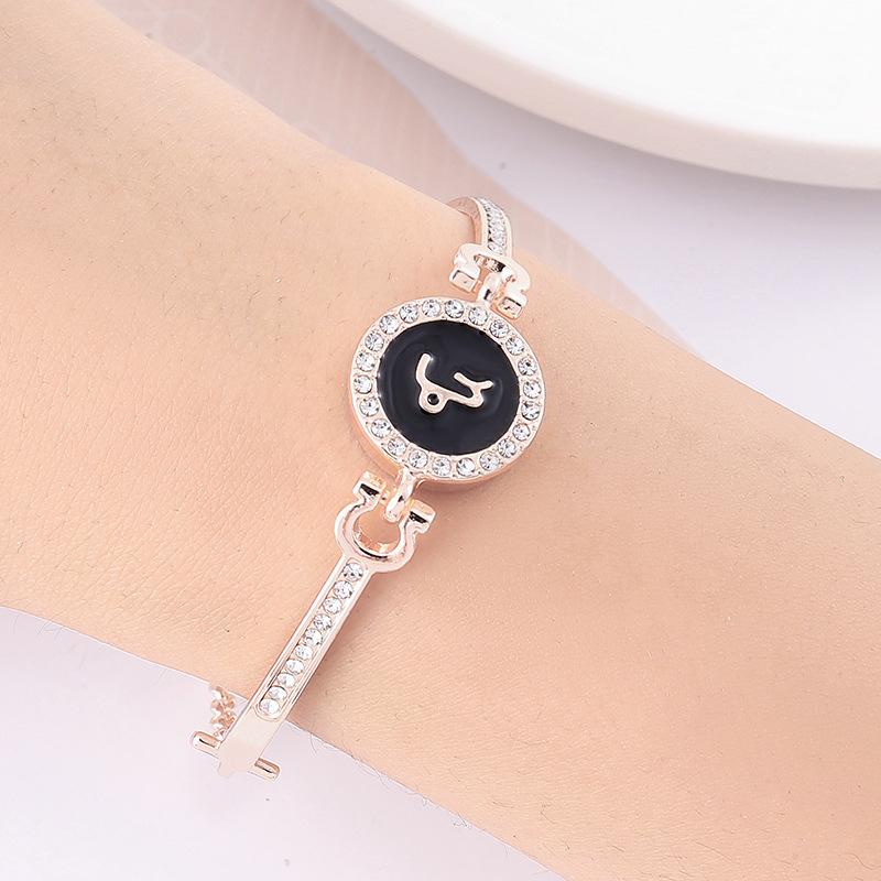 12 Zodiac Signs Bracelet for Women, Rose Gold Plated Inlaid Diamond Constellation Bangle, Fashion Couple Jewelry Gift