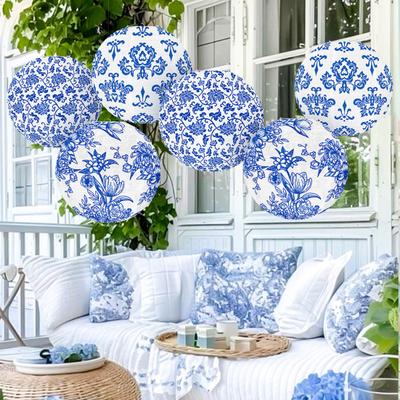 Chinoiserie Papírový lampion Čínský styl Modrý vzor Lampiony Závěsná kulatá lampionová dekorace na narozeniny, svatbu, rozlučku se svobodou, baby shower, domácí párty