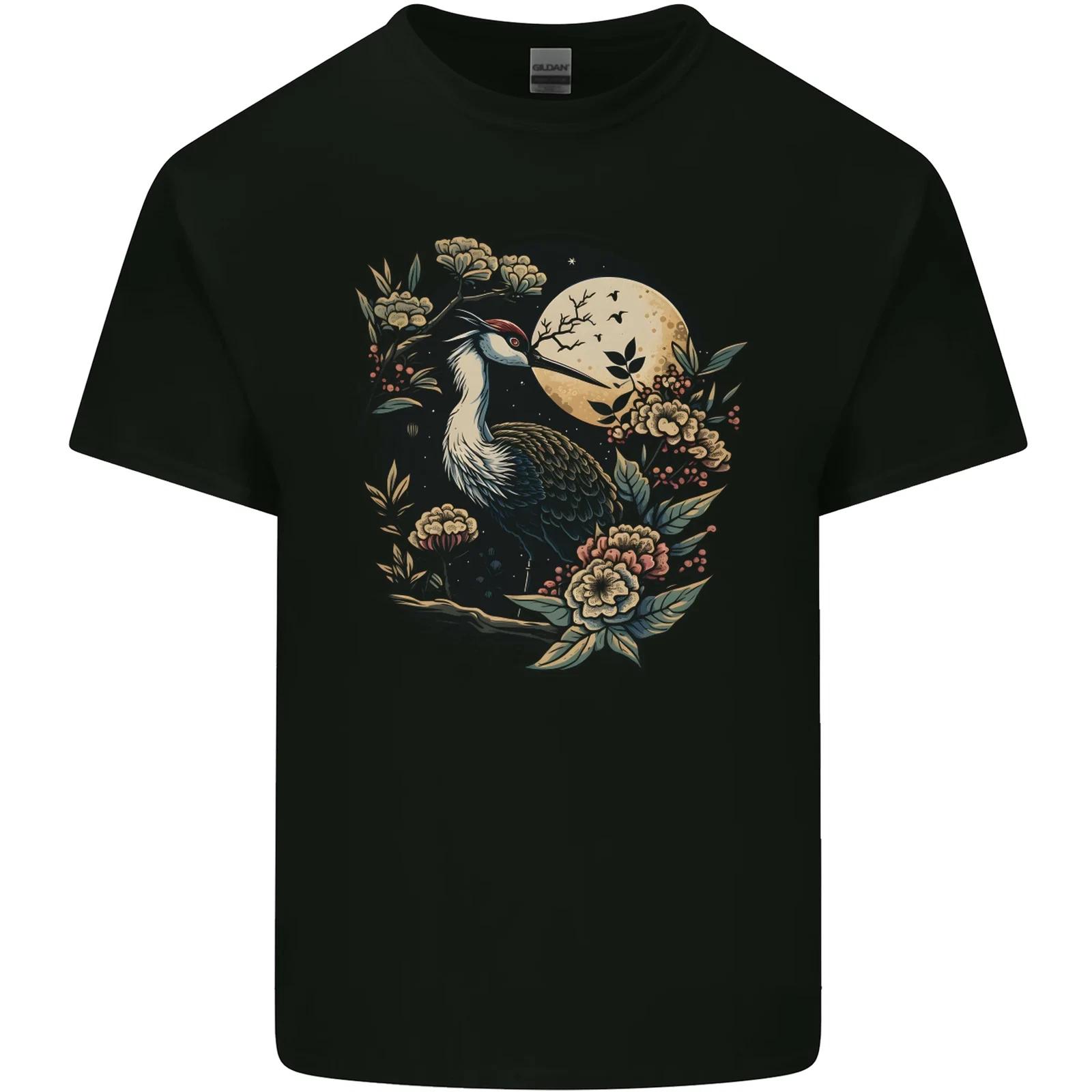 A Crane With Flowers and Moon Bird Kids T-Shirt Childrens L
