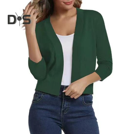 

Женский вязаный кардиган без воротника с рукавом 3/4, короткая вязаная куртка, однотонная, открытая строчка, вязаная верхняя одежда M зелёный