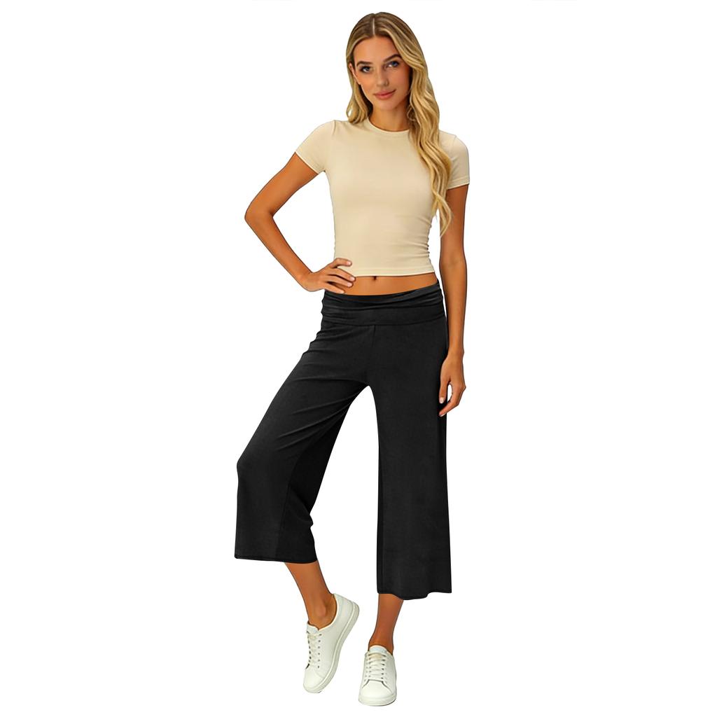Pantaloni Capricci Larghi Elasticizzati a Vita Alta 3/4 da Donna Vestibilità Casual Pantaloni Lunghi con Tasche