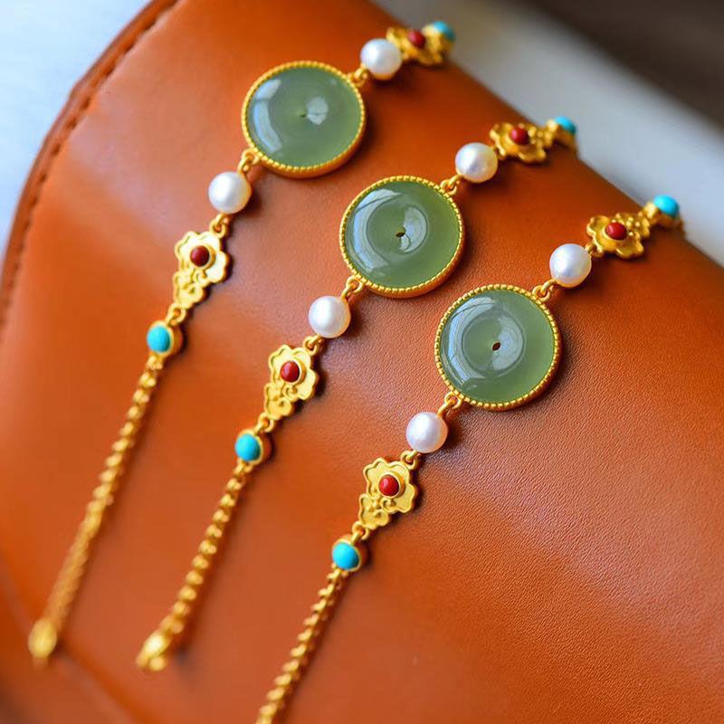 Chinese-Style Fu Lu Ping An Lucky Jade Ring Bracelet with Green Inlay