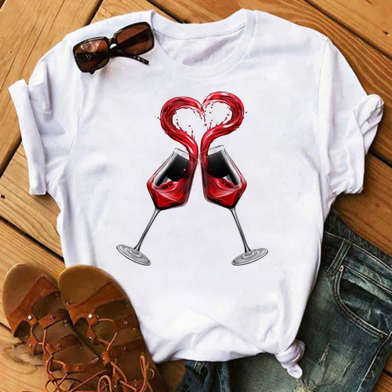 New Women T-Shirt Casual Short Sleeve T Shirt Women's Fashion Rose Red Wine Glass Printed Black T-Shirt Female Tops Tees
