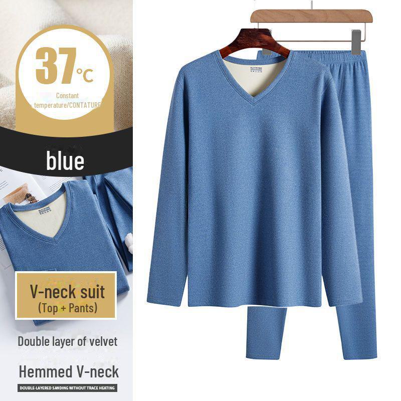 Men's Two-Color German Velvet Warm Suit: No-Pill V-Neck/Round Neck Top & Bottom Set for Autumn/Winter.