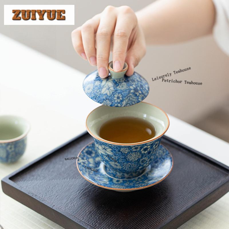 140ml Blue And White Ceramic Gaiwan Boutique Tea Tureen Tea Bowl With Lid Kit Tea Making Cover Bowl Kung Fu Tea Set Collection