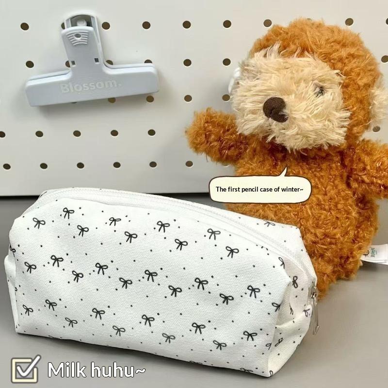 Large Capacity Bow Print Pen Bag Portable Lightweight Stationery Organizer for Teens School Travel Daily Use