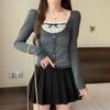 Square-neck Sweet and Spicy Polka Dot Splicing Fake Two-piece Long-sleeved T-shirt French Design Niche Button Lace Top