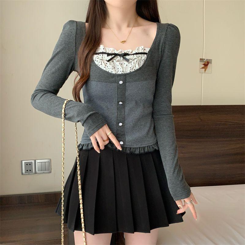 Square-neck Sweet and Spicy Polka Dot Splicing Fake Two-piece Long-sleeved T-shirt French Design Niche Button Lace Top