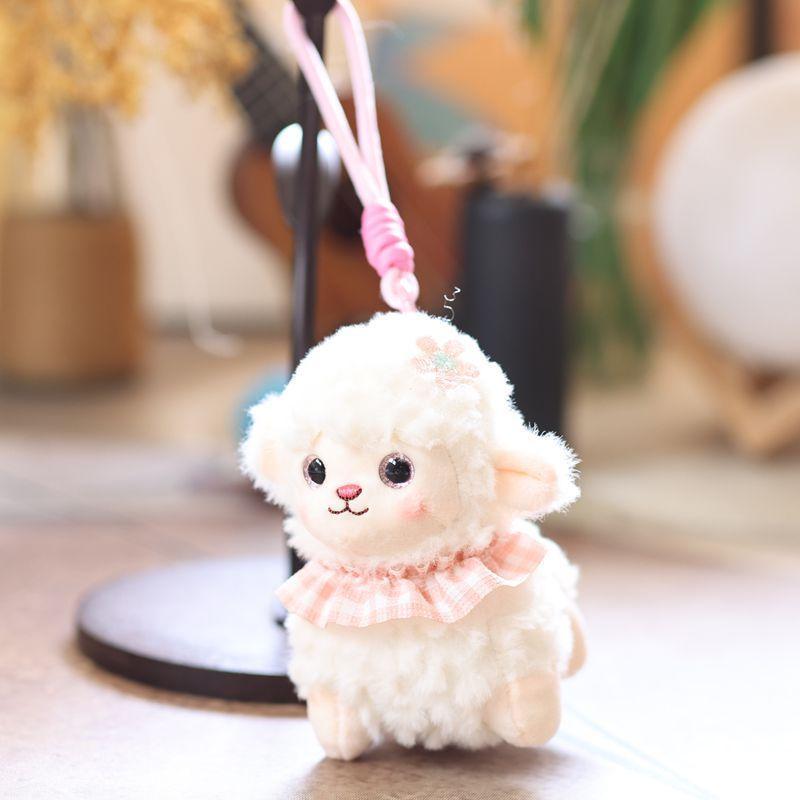 Cute Fluffy Lamb Plush Toy Soft Fuzzy Fabric Plaid Ruffle Collar Home Decor Ornament for Kids Birthday Party Gift