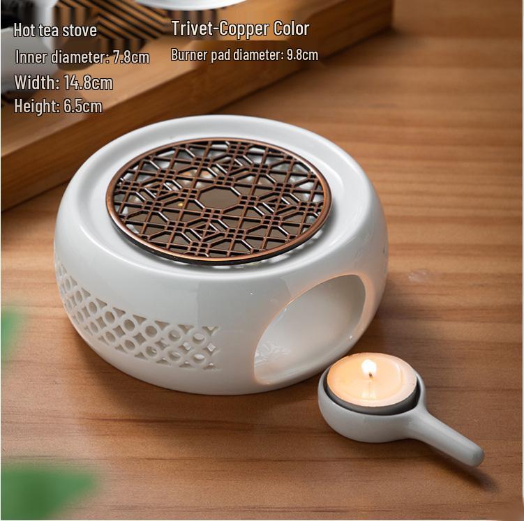 White Porcelain Tea Set with Black Ceramic Stove and Candle Base
