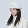Autumn and winter sweet pearl rhinestone rabbit fur forward hat women's velvet warm face small beret painter hat