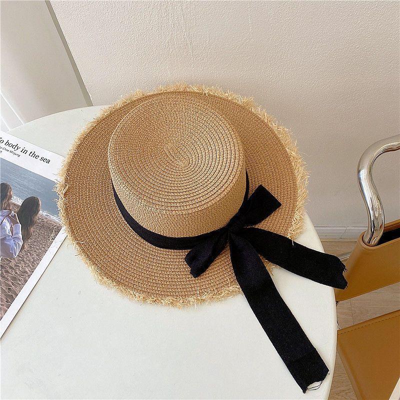 Summer Large Brimmed Raffia Bow Hand Woven Seaside Beach Hat Sun Protection Face Sun Protection Straw Hat