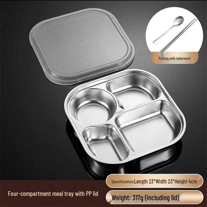 316 Stainless Steel 4-Compartment Meal Tray with Plastic Lid