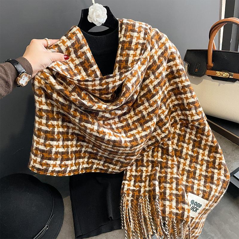 Goodluk color matching square plaid scarf women's winter shawl street contrasting tassel imitation cashmere scarf