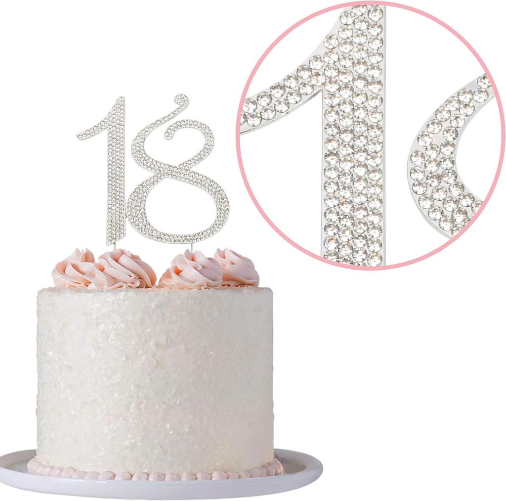 18 Cake Topper - Premium Silbermetall - 18. Geburtstagsparty Funkelnde Strass-Dekoration Macht ein Großartiges Mittelstück