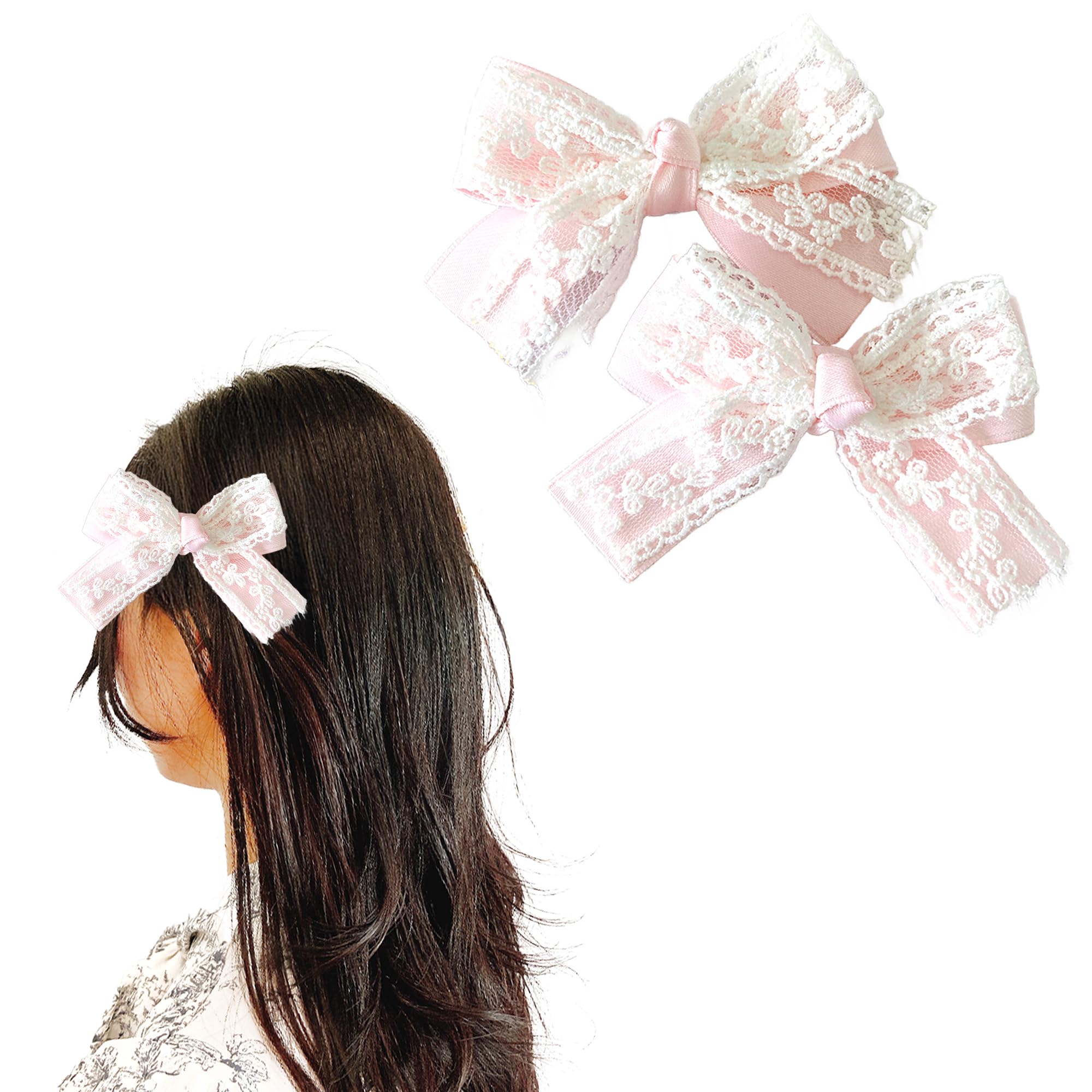Set of 2 Floral Lace Ribbon Clips, Pink [Used]