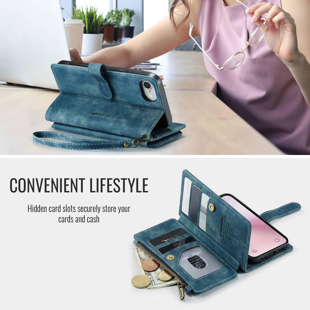 For iPhone 17e PU Leather Wallet Case Magnetic Flip Cover Zipper Card Holder Credit Card Slots Wrist Strap Kickstand Shockproof
