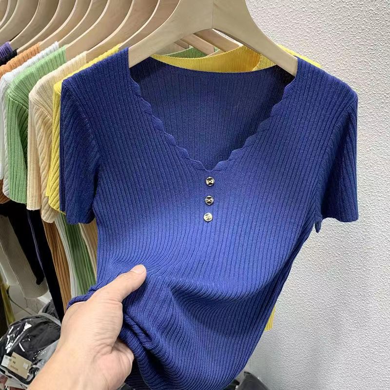 Ice Silk Short Sleeve T-shirt Women's 2025 New Summer Style Slim Short White V-neck Sweater Short-sleeved Top