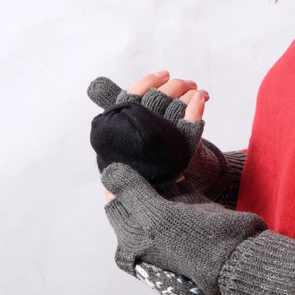 Mitten Gloves with Covers and Folded a Winter Reindeer Charcoal Size F [2-Way] Women's Cuffs, Classic! Print, Gray,
