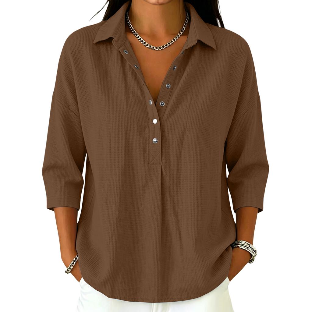 Women's Casual V Neck Button Down Waffle Knit Top Three Quarter Sleeve Relaxed Fit Lightweight Shirt for Everyday Wear