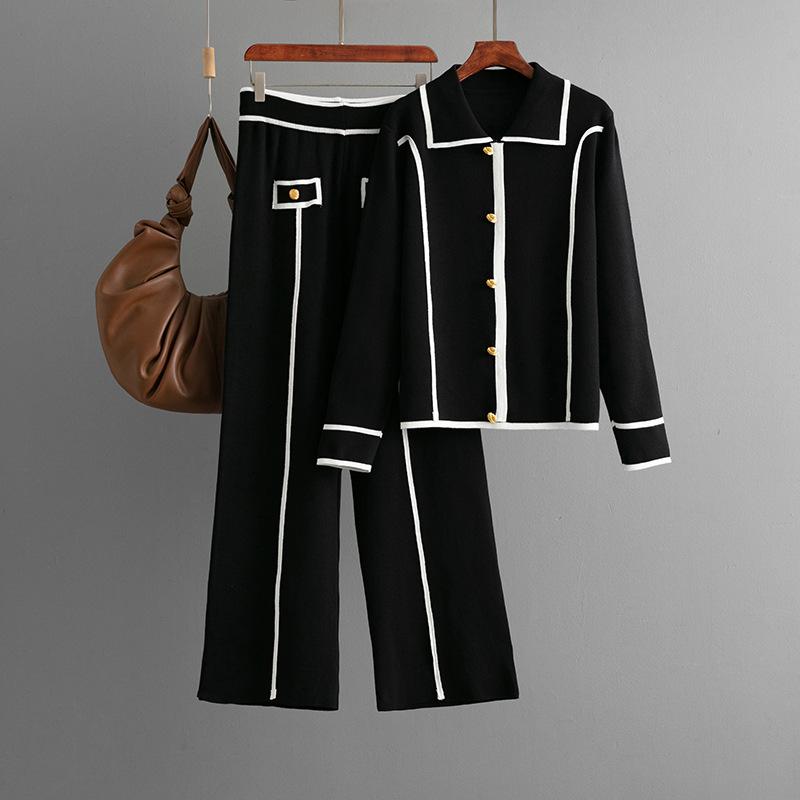 Autumn and winter new knitted fashion suit women's casual olo collar sweater wide-leg pants two-piece set