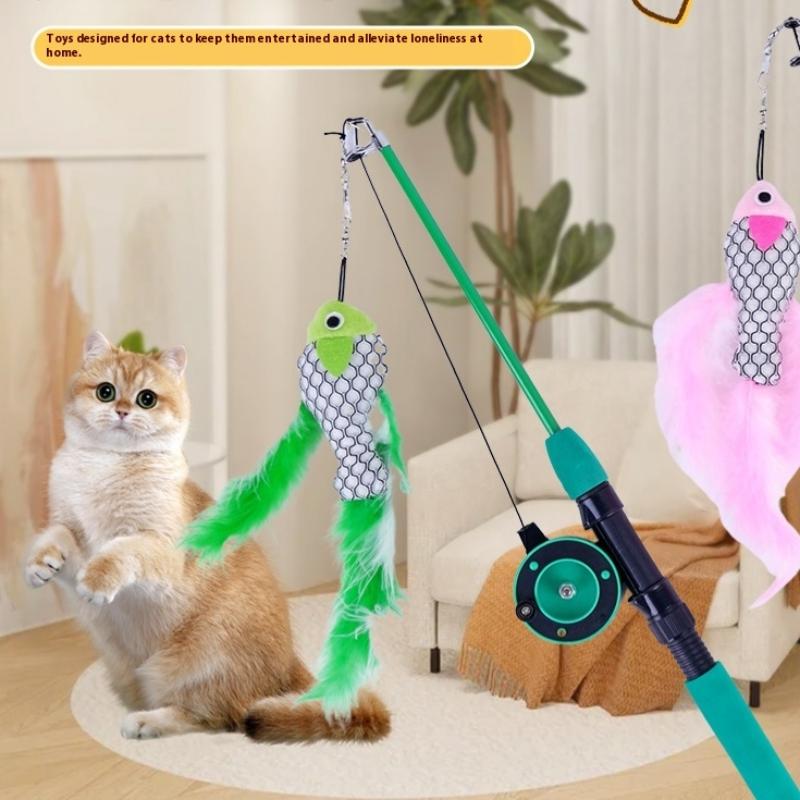 1Set Telescopic Cat Toy Fish Type Telescopic Feathers Funny Cat Stick Toys Pet Toy For Kitten Rods Simulation Fishing Rod