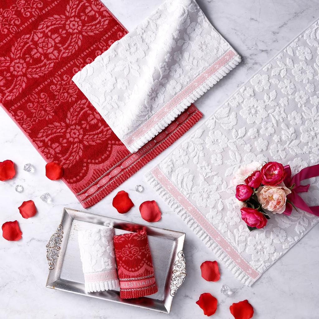 JILL STUART Bonheur Towel Gift Set, Includes 1 Handkerchief and 2 Face Towels, Red, Boxed, Flower Design, 58-3249250