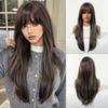 Perruque Européenne Marron Dégradé pour Femmes - Cheveux Longs Lisses avec Couches Naturelles et Volume, Frange Droite, Couverture Complète de la Tête pour Cosplay, En Stock.