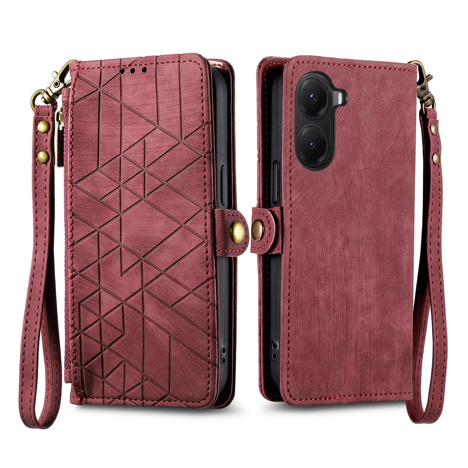 

For Xiaomi Poco X7 Pro 5G Zipper Wallet Case Geometry Lines Leather Phone Cover with Strap Red