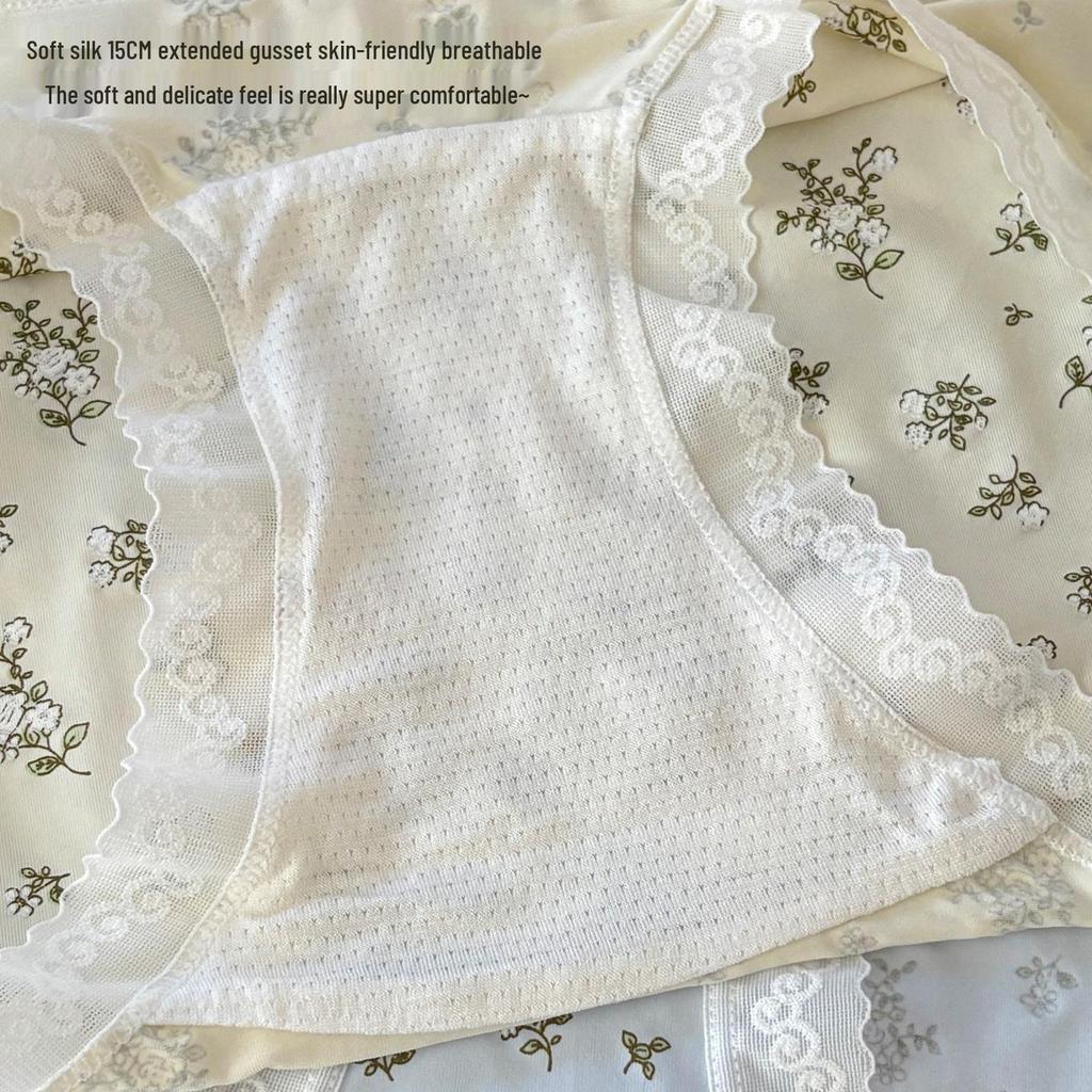 Sweet Floral Lace Trim Panties for Girls: Comfortable, Breathable, Skin-Friendly, Mid-Rise Briefs with Extended Crotch