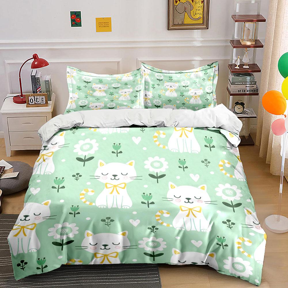 Cute Cats and Flowers Pattern Bedding Duvet Cover Set (1*Duvet Cover 2*Pillowcases, Without Duvet Insert)