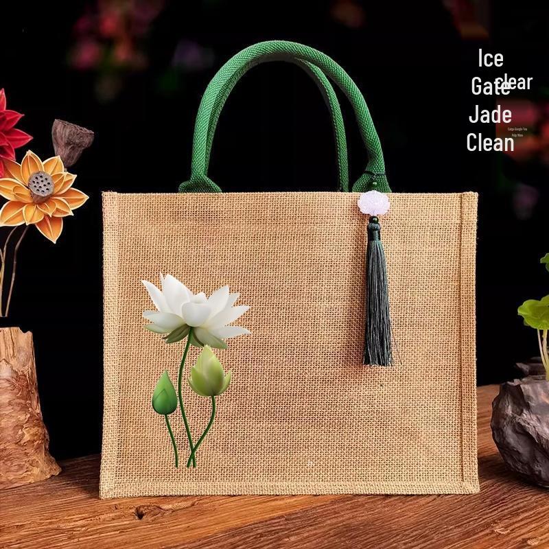 MIAOQIAO Linen Lotus Tote Bag 33x26x14 cm