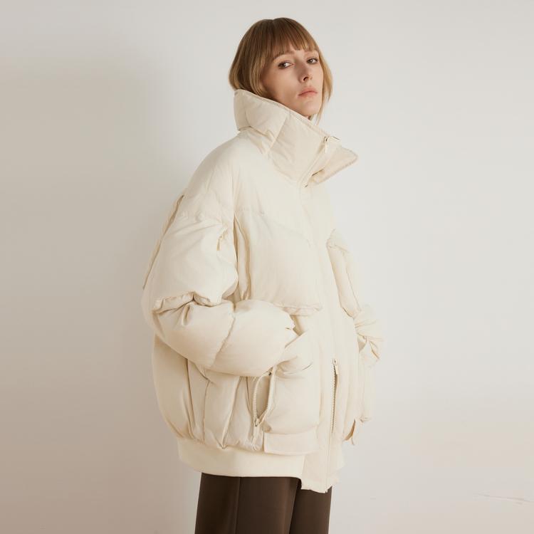 ELLE French Style High-End Zipper Warm Solid Color Basic Goose Down Lapel Comfortable Down Jacket Women outerwear Off-White L7WYS055