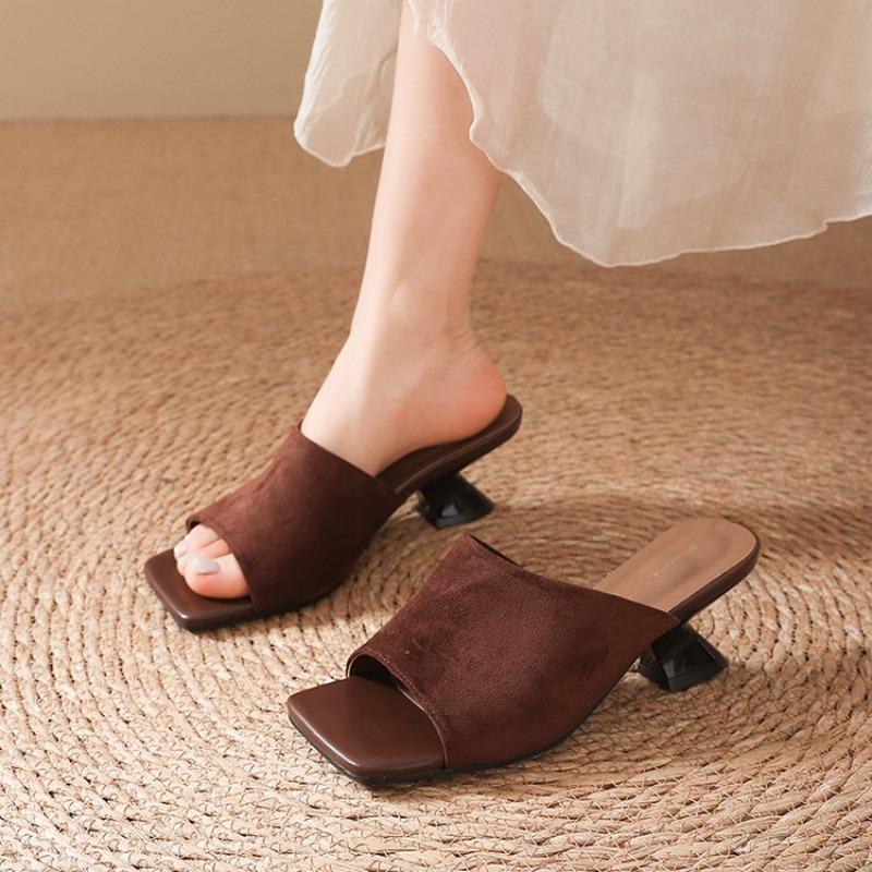 Summer Women Slippers Cow Suede Leather Shoes for Women Square Toe Strange Heel Shoes Black Sandals Concise Modern Slippers