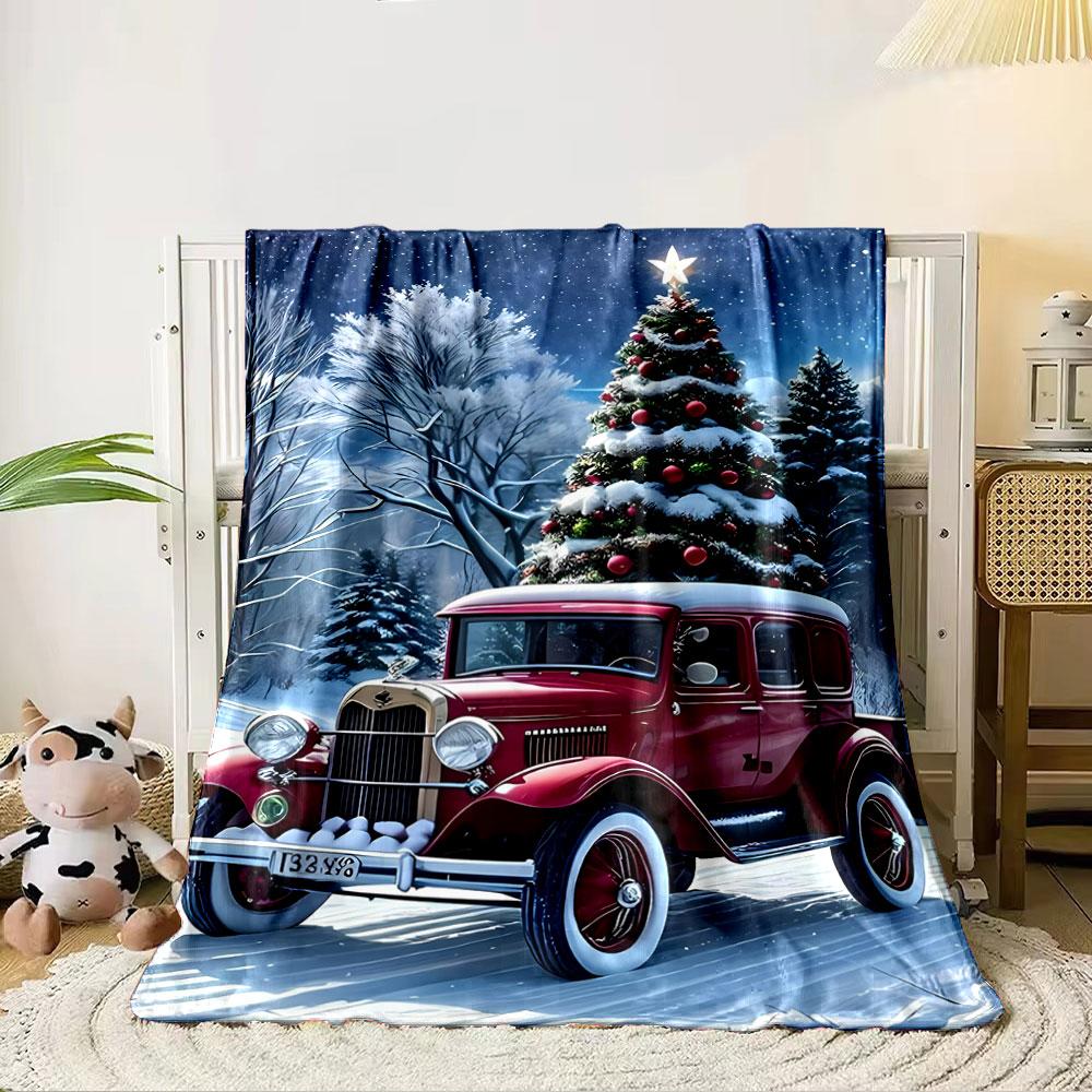 Vintage red car with snowy Christmas tree, surrounded by a winter scene. for all seasons blanket lunch break throw gift 80cm x 120cm