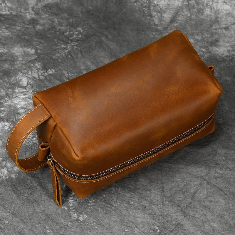 Genuine Leather Toiletry Bag Men Women Vintage Crazy Horse Travel Pouch With Cotton-Polyester Lining