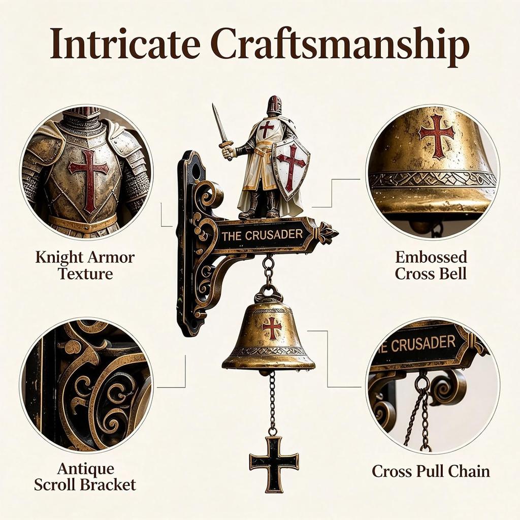 Medieval Crusader Doorbell Gothic Retro Cross Knight Decorative Entry Bell Weather Resistant Outdoor Wall Ornament for Man Cave Bar Porch Castle Home