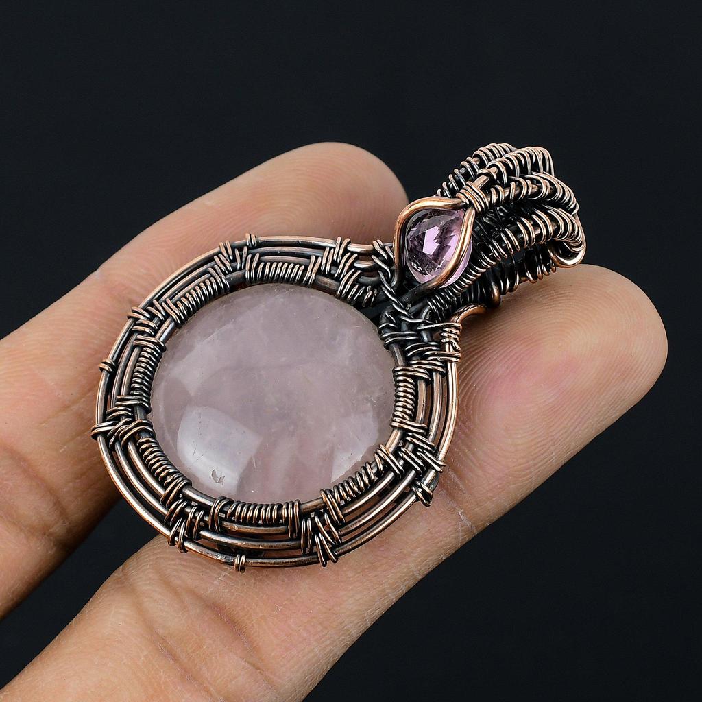 Rose Quartz Jewelry, 999 Copper Wire Wrapped Pendant Handmade Gemstone Jewelry, Gifts For Wife Brand New Pendant