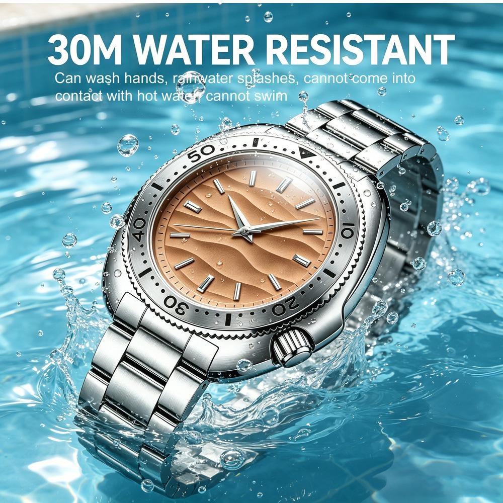Mens Vintage Watch Steel Quartz Analog Wrist Watch Wateproof Rotating Bezel Wave Orange Dial Dress Watch for Men