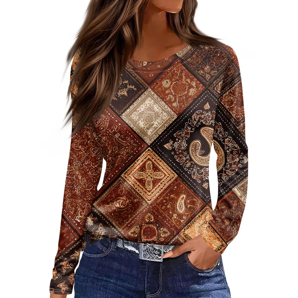 Women's Fashion Hem Slit Casual Retro Floral Print Round Neck Long Sleeve Top