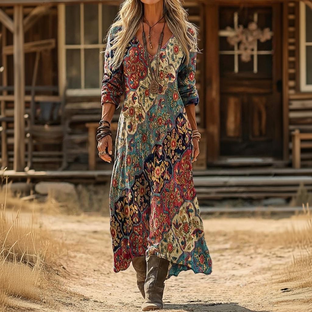 Women's Vintage Ethnic Floral Print Long Sleeve Dress Bohemian Vacation Beach Maxi Dress with V Neck and Relaxed Fit