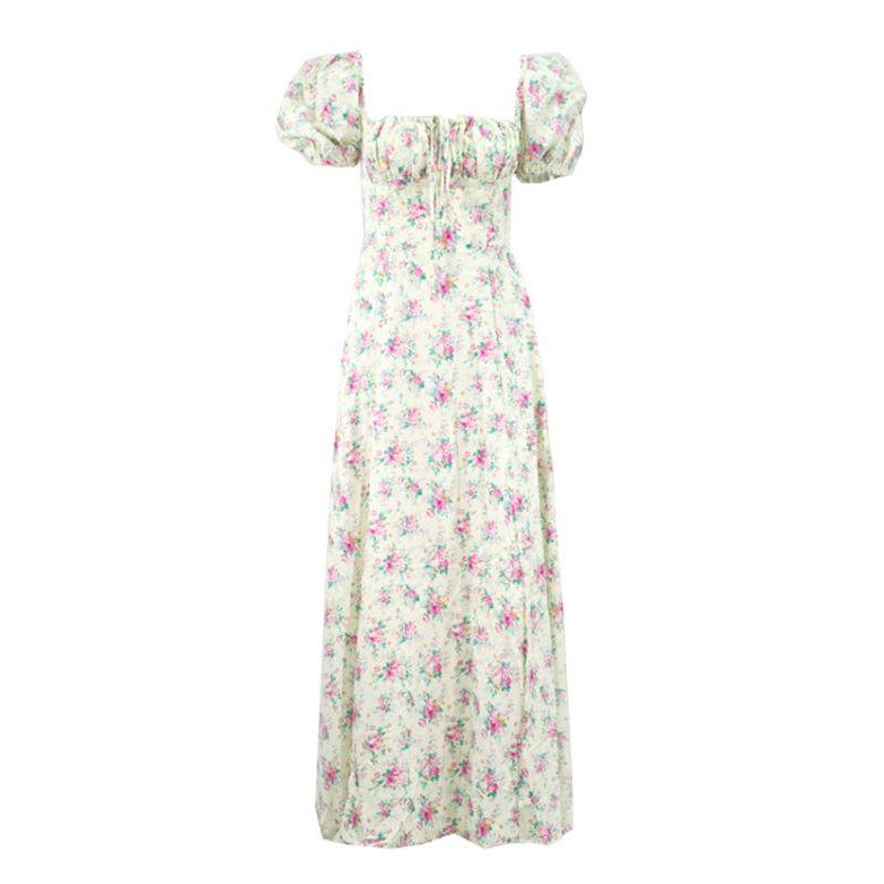 Fashion Wind Young Sexy Square Collar Lace Up Small Floral Print Silm Puff Sleeves Elegant High Slit Dress Female