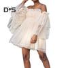 Women Dress Off Shoulder High Waist Mesh Layered Shirring A-line Long Sleeves Solid Color Princess Style Mini Dress Prom Beach Party Short Dress